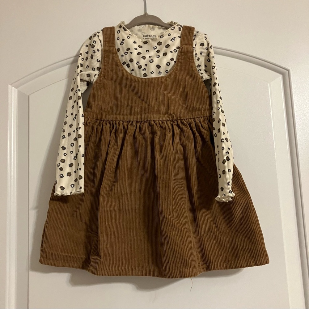 Carters Child of Mine 4T Brown Corduroy Jumper Dress & Leopard Print Top Set